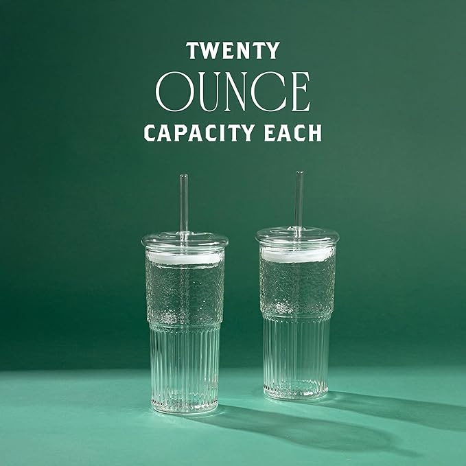 Glass Cups with Lids & Glass Straws, 20 Ounce High Borosilicate Iced Coffee Tumbler 2 Pack