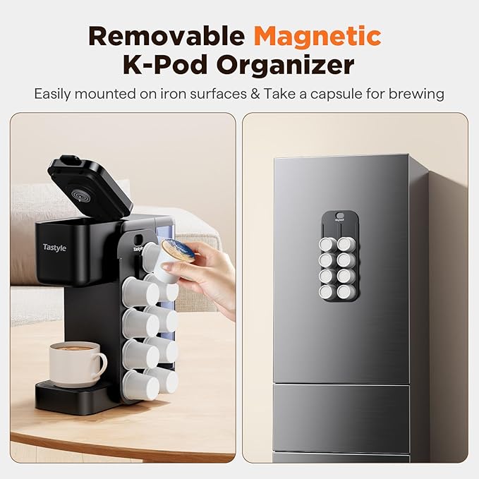 Hot & Iced Coffee Maker with Magnetic K-Pod Organizer (Pods Not Included), Stores 10 Pods, 4-5 Cups Coffee Maker & Single-serve Brewer for K Cup & Grounds, 40oz Removable Water Tank, Black