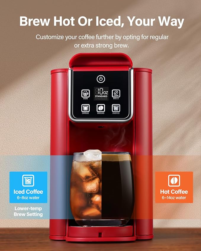 SHARDOR Single Serve Coffee Maker, Hot and Iced Coffee Machine for K Cup Pods & Ground Coffee, 6 to 14 oz Brew Sizes, with 50 oz Removable Water Tank, Bold Brew Setting, Stainless Steel, Red