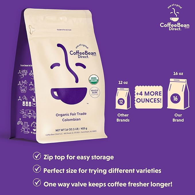 Coffee Bean Direct Organic Fair Trade Colombian, Whole Bean Coffee, Light Roast, 1 Pound Bag (Pack of 1)