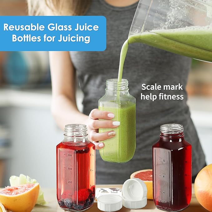 6 Pack 16 Oz Glass Juice Bottles with Pour Spout, 100% Airtight Heavy Duty SCREW Lid- Reusable Glass Milk Bottles w Capacity Mark, Square Drinking Jar Juice Container Breast Milk Pitcher(Extra 2 Lid)