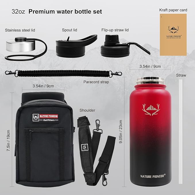NATURE PIONEOR Insulated Water Bottles with Straw - 32oz Stainless Steel Vacuum Bottle with Holder/Carrier/Sleeve - Reusable 18/8 Food Grade 32 oz Water Jug