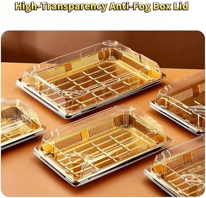 10 Pack Gold Rectangular Sushi Containers with Clear Lids – Disposable Plastic Food Boxes for Party, Takeout & Catering – Elegant, Stackable Trays for Sushi, Snacks & Desserts(Model No.1111)