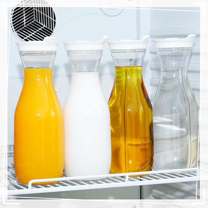 Gejoy 24 Pcs Plastic Water Carafe with Lids 32 oz Clear Juice Pitchers for Mimosa Bar Drinks Milk Iced Tea Beverage Containers for Home Restaurant School Fridge, Not Dishwasher Safe (White Cap)