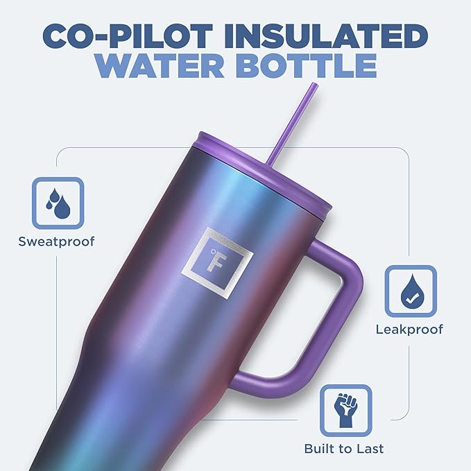 IRON °FLASK Co-Pilot Insulated Mug w/Straw & Flip Cap Lids - Cup Holder Bottle for Hot, Cold Drink - Leak-Proof- Water, Coffee Portable Travel Tumbler - Clementine, 40 Oz