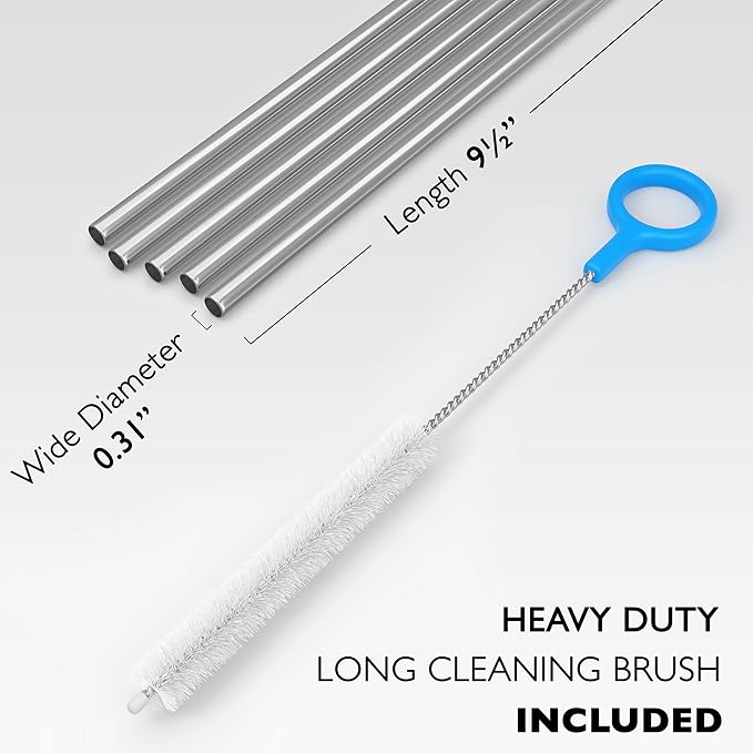 5 Wide Stainless Steel Straws with Cleaning Brush. 9.45" Long Metal Straws Reusable Wide for 20 24 30 Oz Tumblers, Smoothies and Shakes. Dishwasher Safe Hard Drinking Straws. SILVER