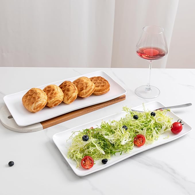 White Melamine Rectangular Serving Platter/Trays, Set of 4, 14” X 7” Fruit Cake Bread Sushi Plate for Party Serving Food, Lightweight and Unbreakable