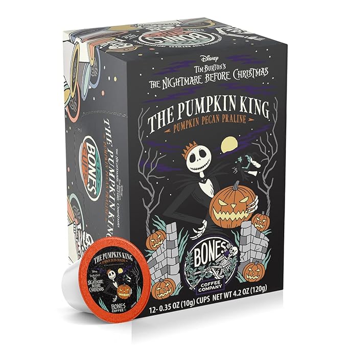 Bones Coffee Company Pumpkin King, Pumpkin Pecan Praline Flavored Coffee Pods, Low Acid Medium Roast Single-Serve Bones Cups for K-Cups Coffee Maker from The Nightmare Before Christmas, 12 Count