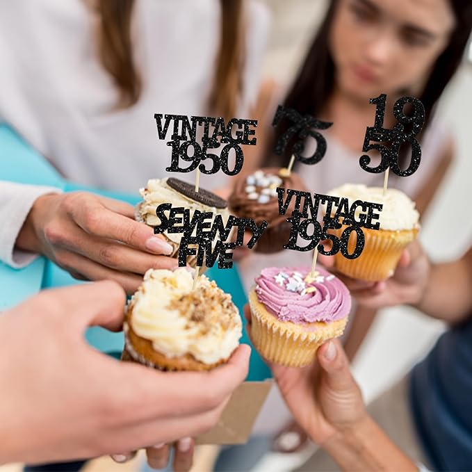 Gyufise 24Pcs Vintage 1950 Cupcake Toppers Glitter Cheers to 75 Fabulous Seventy Five Cupcake Picks 75th Birthday Wedding Anniversary Party Cake Decorations Supplies Black