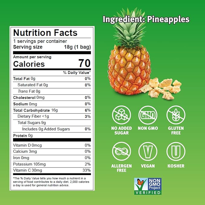Crispy Green Natural Freeze-Dried Fruit, Pineapple Single-Serve, No Sugar Added, 0.63 Ounce (Pack of 12)