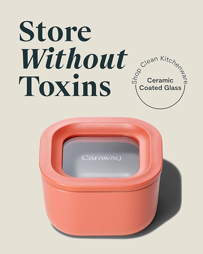 Caraway 6pc Food Storage Container Set - 1.75 Cup Glass Storage Container for Food (6) - Non-Toxic Ceramic-Coated Glass - Air Release Technology - Compact & Stackable Design - Perracotta