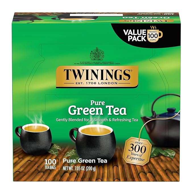 Twinings Pure Green Tea Individually Wrapped Bags, 100 Count (Pack of 1), Smooth & Refreshing, Caffeinated, Enjoy Hot or Iced, 100 Teabags