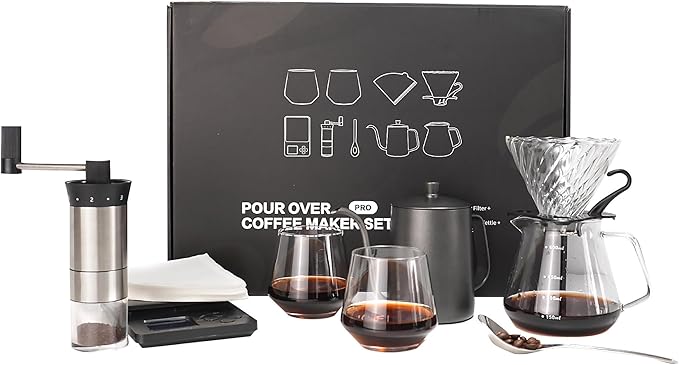 SuperCook Hand Drip Pour Over Coffee Set, All in One Includes Gooseneck Kettle, V60 Glass Dripper, Paper Filter, Cups, Manual Grinder, Scale, Ideal for Anniversary Birthday Gift