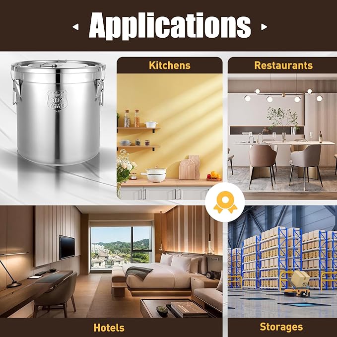 1115 OZ Stainless Steel Canister Rice Cereal Grain Storage Containers with Lid Airtight Coffee Bean Storage Milk Flour Sugar Food Storage for Home Bar Restaurant (33L/1115 OZ)