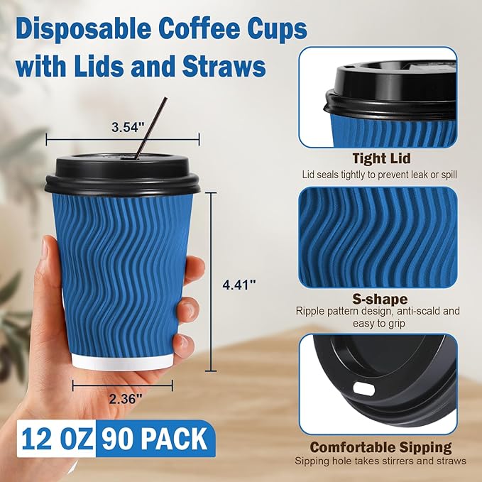 90 Pack 12 oz Disposable Coffee Cups with Lids and Straws, Insulated Ripple Wall To Go Paper Coffee Cups for Coffee, Hot Chocolate and Hot Tea Drinks - Navy
