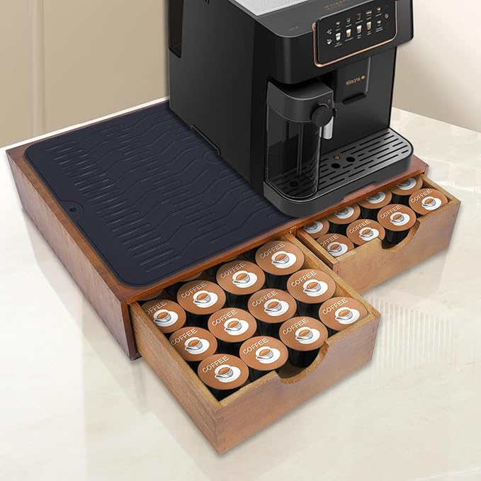 Wooden Coffee Pod Holder Drawer With Silicone Non-Slip Pad,K Cup Organizer Storage Box,Kcup Drawer and Tea Organizer Under Brewer,30 Pod Capacity,Countertop Coffee Station Organizer for Machine Stand