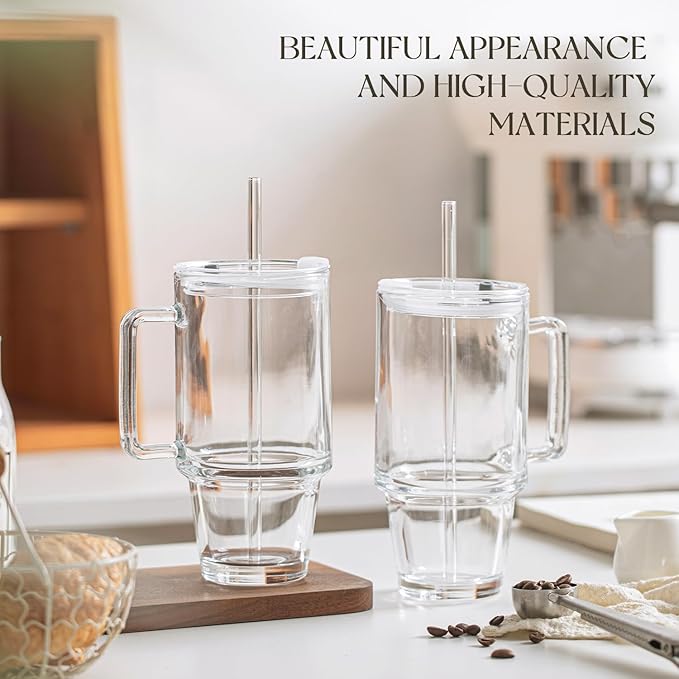 KEMORELA 24oz Glass Tumbler with Handle & Lid - Reusable Glass Cup with Straw for Iced Coffee, Smoothie & Water - Clear Drinking Glasses, To-Go Travel Drinkware (1)