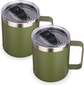 Volhoply 14oz Insulated Stainless Steel Coffee Mug with Lid Bulk 2 Pack,Double Wall Vacuum Travel Coffee Cup with Handle,Reusable Cups Tumbler,Camping Mugs Keep Hot,Ideal Gifts(Army Green,2)