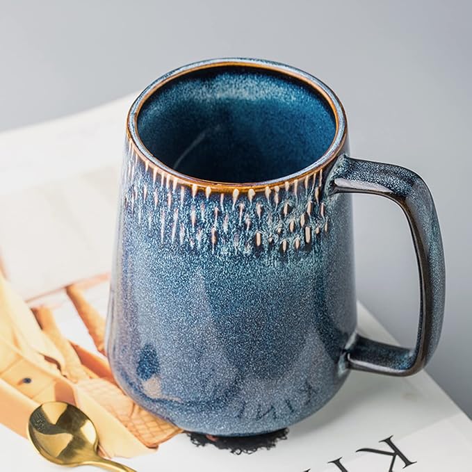 Large Ceramic Coffee Mug, 24 oz Big Tea Cup with Large Handle, Vintage Coffee Cup for Office and Home, Dishwasher and Microwave Safe, Blue