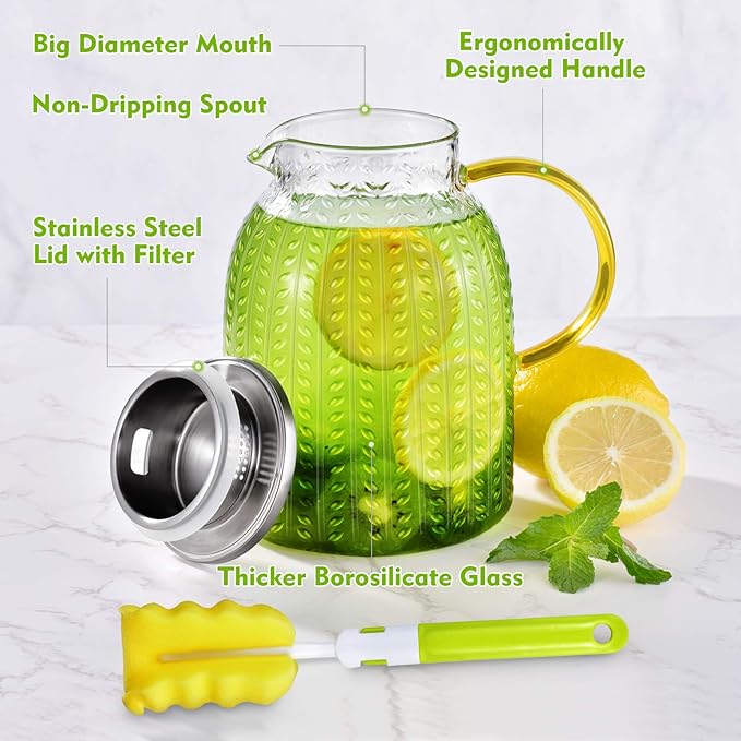 Aofmee 60oz Glass Pitcher, Water Pitcher with Lid, Iced Juice Jugs for Fridge, Glass Carafe for Cold or Hot Beverages, Sun Tea Jar, Easy Clean Heat Resistant Glass Jug for Milk