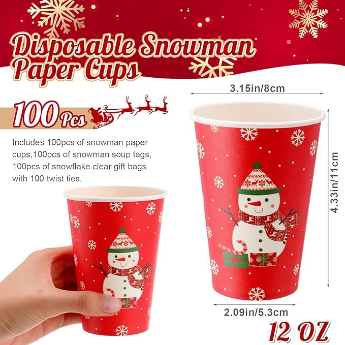 100 Sets Christmas Snowman Soup Kits for Classroom Coworker Gift 12 Oz Winter Snowman Paper Cups for Hot Cocoa Chocolate Marshmallow Soup Tags Clear Xmas Bags (Vibrant)