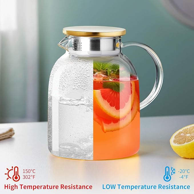 54OZ Glass Pitcher with Lid and Spout, Water Jug, Glass Carafe Water Pitcher for Hot/Cold Beverage, 1600ml for Tea, Juice, Coffee, Milk