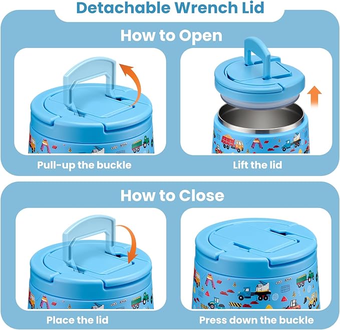Soup Thermo for Hot Food Kids 14oz Lunch Containers with Buckle Lid Wide Mouth Hot Food Jar Vacuum Insulated Stainless Steel Bento Box Leakproof with Spoon (Truck)