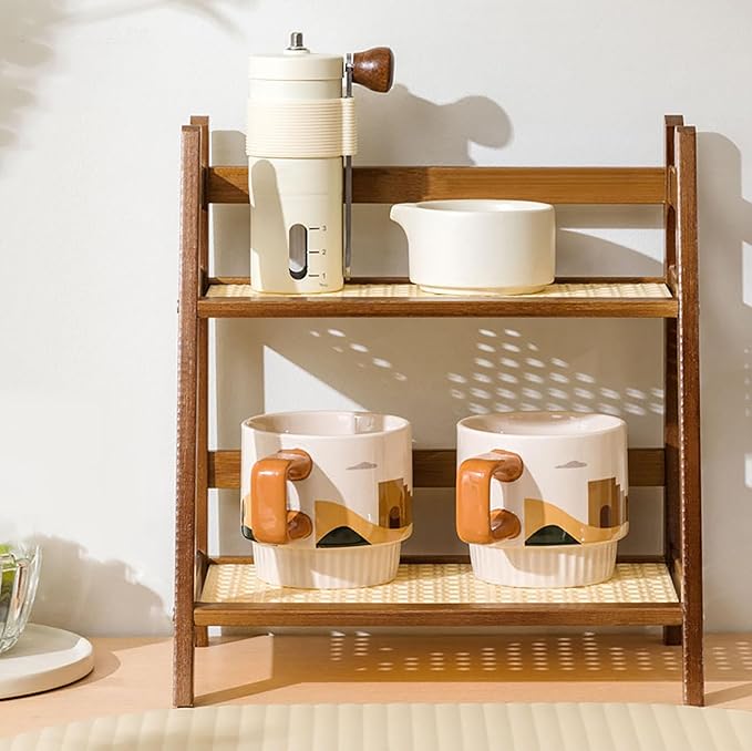 KISKIS Cup Mug Holder Wooden & bamboo look, Non-Slip Coffee Cup Rack Organizer, Bathroom Stand Storage Shelf with 2 Tier, Kitchen Countertop Spice Rack