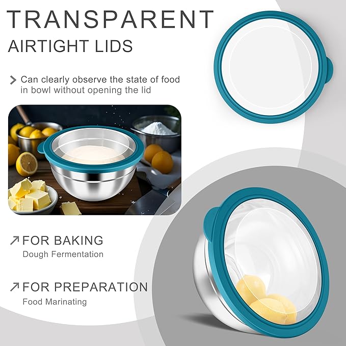 HaWare Mixing Bowls with Airtight Clear Lids, 6-Piece Stainless Steel Strong Nesting Bowls Set, Metal Salad Bowl for Cooking, Prepping, Baking, Serving & Food Storage, Size 4.6, 3, 1.5QT, Teal Blue