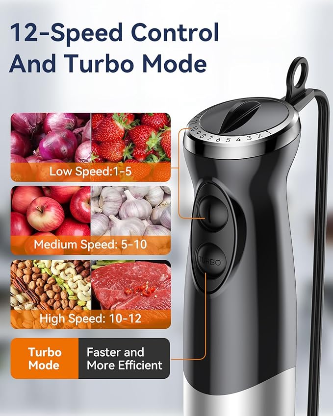 Immersion Blender Handheld 1000W 5 in 1 Corded Stick Hand Blender Kitchen with 12 Speed, BPA-Free, Mixing Beaker, Chopper, Whisk, Milk Frother, Perfect Emulsifier for Soup, Baby Food, Sauce, Puree