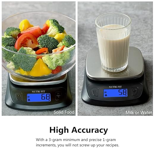 NUTRI FIT Ultra Slim Kitchen Scale Digital Food Weight Scale for Baking Cooking in Grams and Ounces Tare & Backlit LCD Display 11lb 5kg Capacity- Black/Stainless Steel