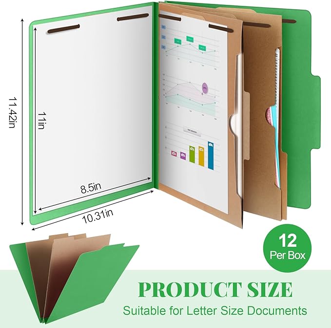 12 Pcs Classification Folders Letter Size, Back to School Supply for Teacher, Student, 2 Pocket Dividers Pressboard File Folder Bulk with 2 Fasteners, 2 in Expanding File Organizer (Green)