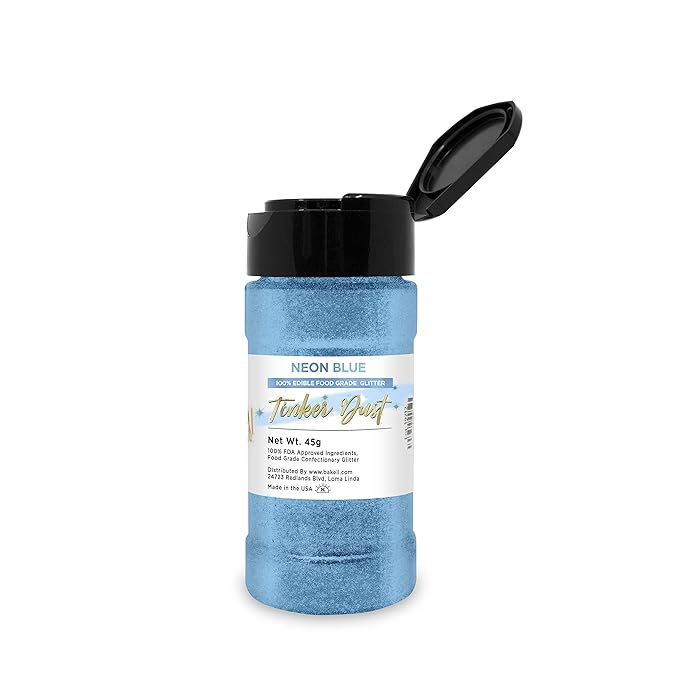 BAKELL Neon Blue Edible Glitter, 45 Grams | TINKER DUST Edible Glitter | KOSHER Certified | 100% Edible Glitter | Cakes, Cupcakes, Cake Pops, Drinks, Dessert Vegan Glitter & Dusts (45g Shaker, Neon Blue)