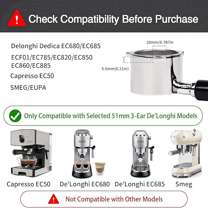 51mm Bottomless Portafilter for Delonghi Dedica EC680, EC685,SMEG and EUPA Coffee Machines, 3-Ear Design, Stainless Steel 51mm portafilter with Stainless Steel Double Shot Capacity Cup Filter Basket