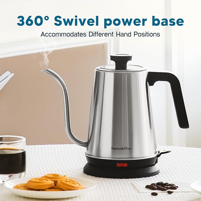 Nueve&Five Gooseneck Electric Kettle with Thermometer,Electric Tea Kettle 1L with Auto Shut-Off，1000W Hot Water Kettle of Stainless Steel,Pour Over Kettle for Coffee & Tea -Chrome