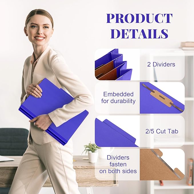 12 Pcs Classification Folders Letter Size Bulk - 2 Dividers Pressboard File Folder with 3. 5 Inch Expansion, 2 Prongs Fastener, Heavy Duty Office File Organizer for Teacher Medical (Purple)