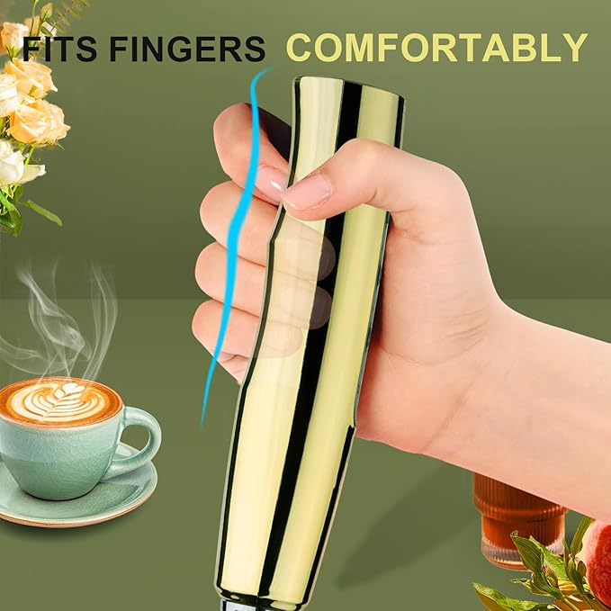 YUSWKO Champagne Gold Handheld Milk Frother Wand with Stand for Coffee, Rechargeable Electric Whisk with 3 Heads 3 Speeds Drink Mixer Coffee Frother For Latte, Cappuccino, Hot Chocolate, Egg