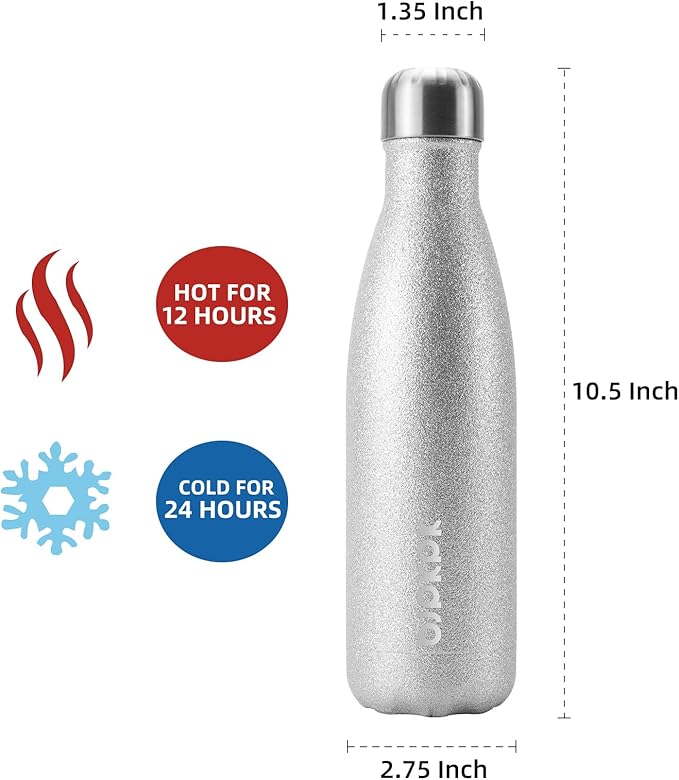BJPKPK Insulated Water Bottles 17oz Stainless Steel Sports Water Bottles Keep Cold for 24 Hours and Hot for 12 Hours,BPA Free,Glitter Silver