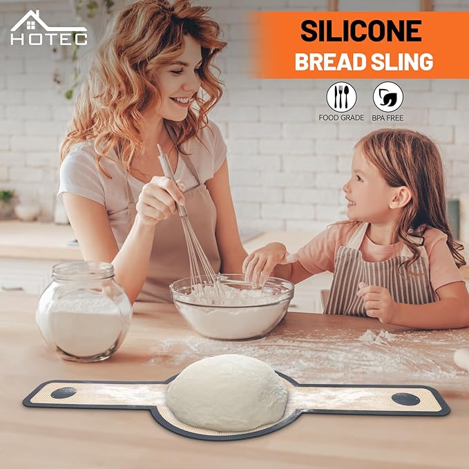 HOTEC Silicone Bread Sling for Dutch Oven - 2 Pack Non-Stick Baking Mat with Long Handle Easy to Transfer Sourdough Bread, Reusable Heat Resistant to 500°F/260°C Dutch Oven Liners Baking Supplies