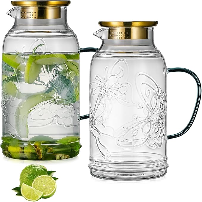 Glass Pitcher with Lid and Handle, 2 PACK 68 oz/2 Liter Vintage Butterfly Design Fridge Water Pitcher, Borosilicate Glass Water Carafe for Hot/Cold Water,Coffee,Iced Sun Tea,Heat Resistant
