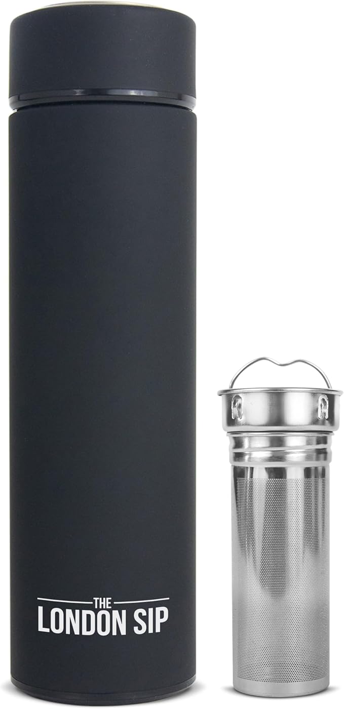 London Sip Multi-Purpose Tea Infuser Travel Mug and Tumbler Fruit Infuser Flask Hot and Cold Double Wall Stainless Steel Thermos with Extra-Long Infuser, Zen Black