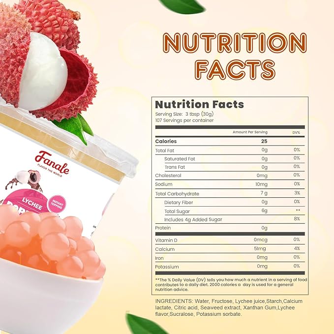 Fanale Lychee Popping Boba Pearls, Vegan, Non GMO, Gluten Free, Fat Free, Perfect for Bubble Tea, Smoothies, Ice Cream, Desserts, and Beverages.