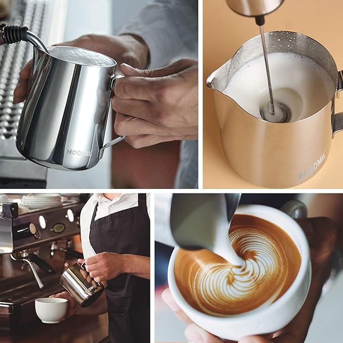 HOOMIL Milk Frothing Pitcher, 20oz/600ml Stainless Steel Steaming Pitcher Barista Milk Frother Cup Jug for Espresso Machine Coffee Cappuccino Latte Art - Silver