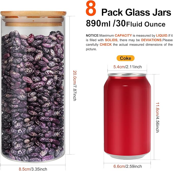 Glass Food Storage Containers Jars with Airtight Bamboo Lid 30 oz 8 pcs, 890 ml Pantry Organization Jar, Glass Terrarium with Lid, Spice, Flour and Sugar Container, Canister Set for Kitchen Counter