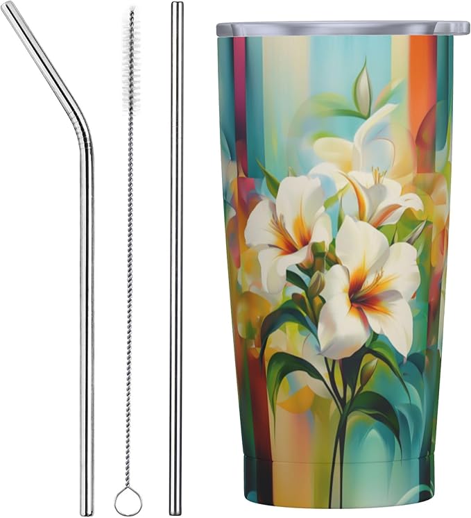 Floral Tumbler with Lid and Straw 20oz Coffee Tumblers Leakproof Stainless Steel Travel Mug Vacuum Insulated Cup for Iced and Hot