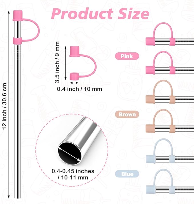 Stainless Steel Straws with covers fit Stanley 40 oz tumbler, Reusable 12 Inch Metal Straw with Silicone Tips & Cover Caps, Compatible with Stanley Quencher H2.0 (6 Pack: 3 Bent + 3 Straight)