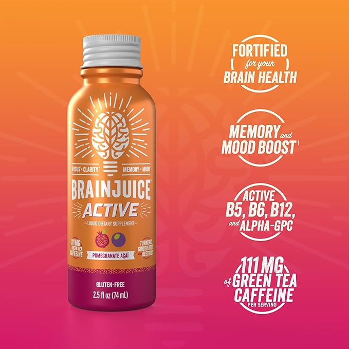 BrainJuice Active Focus & Energy Drink Shots, Supports Endurance, Recovery & Clarity, Non-GMO, Gluten Free, Nootropics, Alpha GPC, B Vitamins & Organic Green Tea, Pomegranate Acai, 2.5 fl oz, 12 Pack