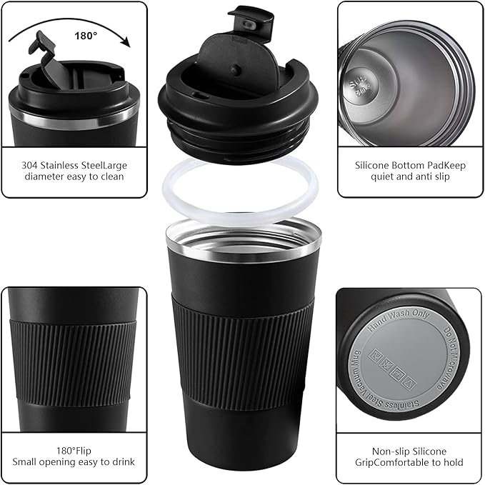 YINBAOGE Insulated Travel Coffee Mug Spill Proof Leak Proof Pobtable To Go Camping Stainless Steel Coffee Tumbler Reusable Coffee Cups with Lids Thermos for Hot and Cold Drink (Black, 17 OZ)