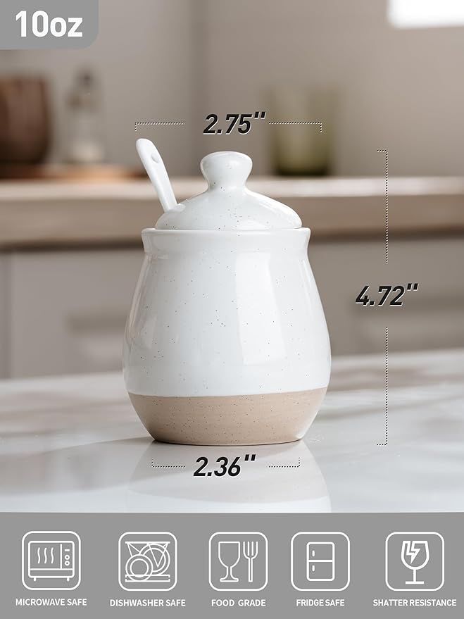 famiware Milkyway Sugar Bowl with Lid and Spoon, 10oz Ceramic Sugar Jar/Pot/Dispenser for Salt, Condiments, Spice, Seasonings, Sugar Container for Coffee Bar, Home, Kitchen, and Countertop, White