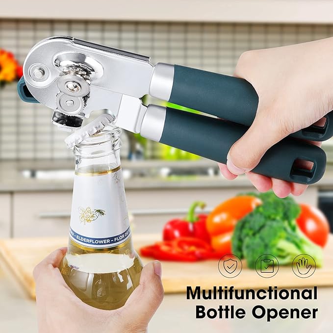 Beneno Can Opener Manual with Magnet, Hand Held Heavy Duty Can Opener with Durable Sharp Blade Smooth Edge, Big Effort-Saving Knob, Soft Grip Rubber Handle, Multifunctional Bottle Opener, Green
